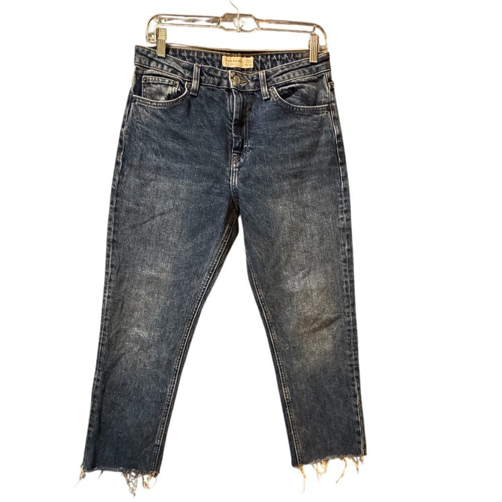 Topshop Dark Wash Straight Leg Cropped Jeans – Raw Hem – Women’s 30